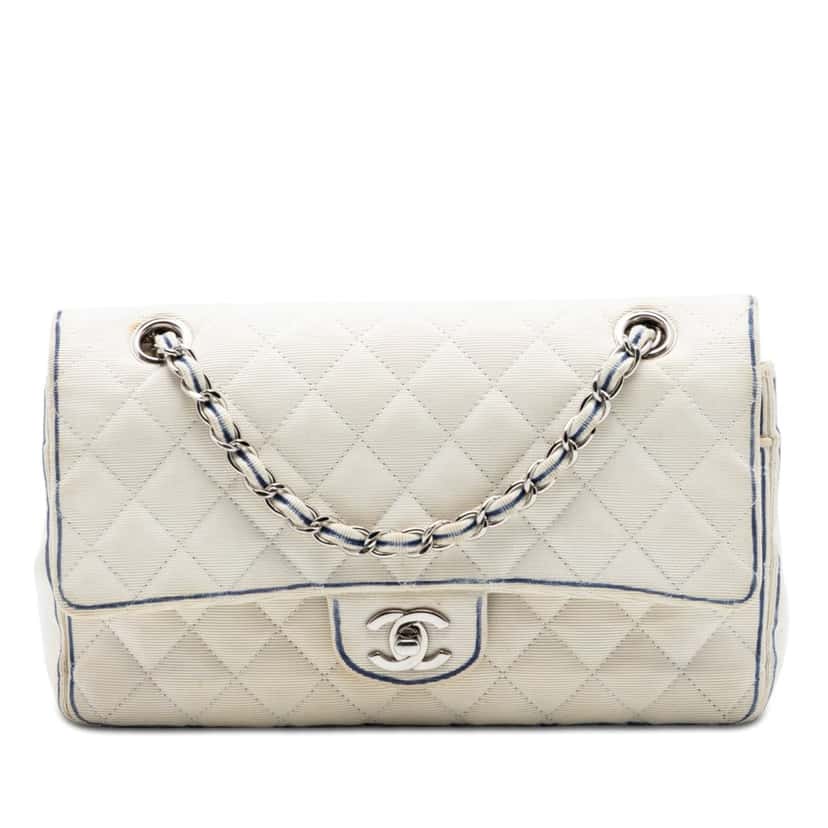 Chanel Medium Classic Printed Grosgrain Double Flap White Very good condition - Front View