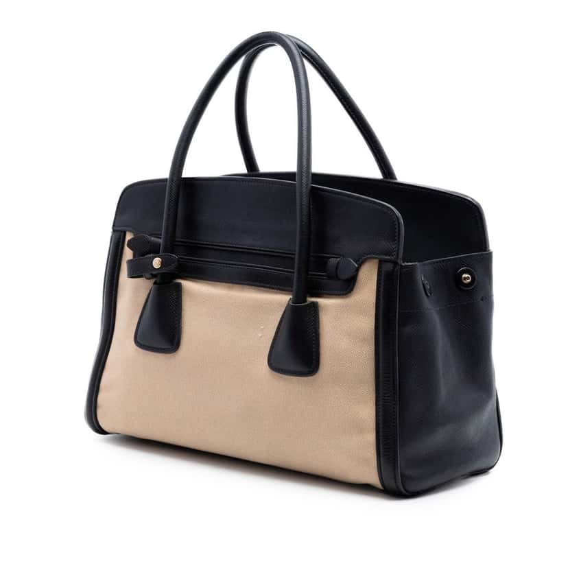 Prada Bicolor Saffiano Cuir Trimmed Canvas Satchel Beige Very good condition - Back View