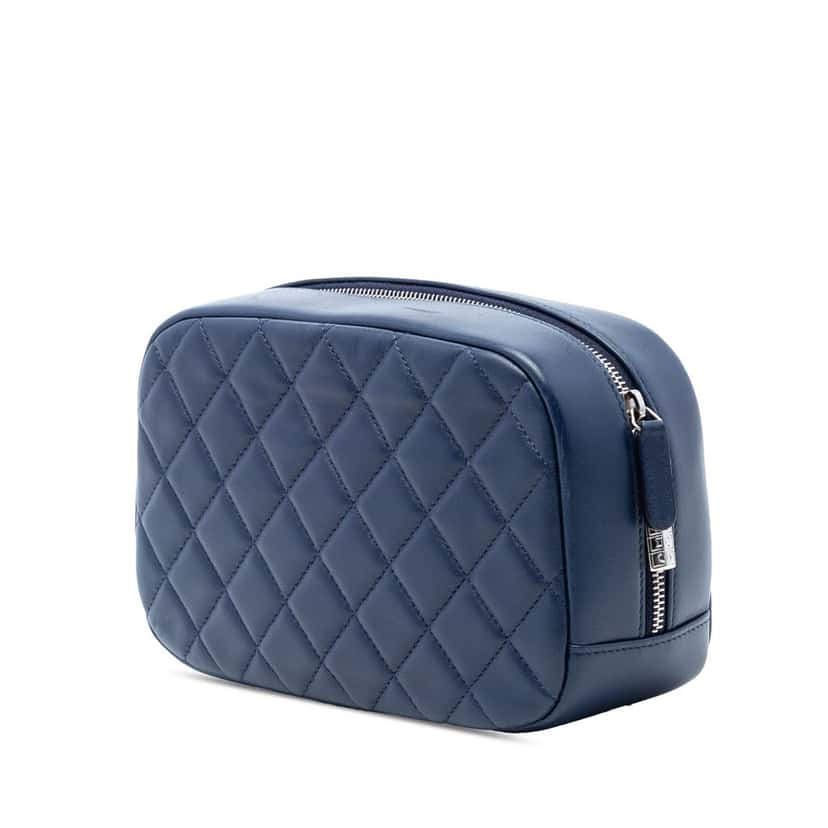 Chanel Large Quilted Lambskin Curvy Cosmetic Pouch Blue Leather Very good condition - Back View