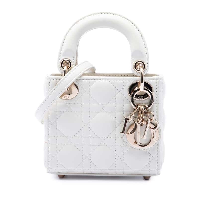 Dior Micro Lambskin Cannage Lady Dior White Leather Very good condition - Front View