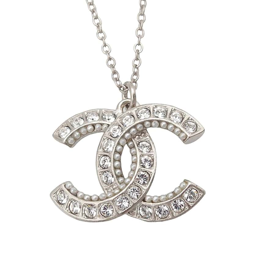 Chanel CC Brass Strass and Faux Pearl Pendant Necklace Silver Metal Very good condition - Front View