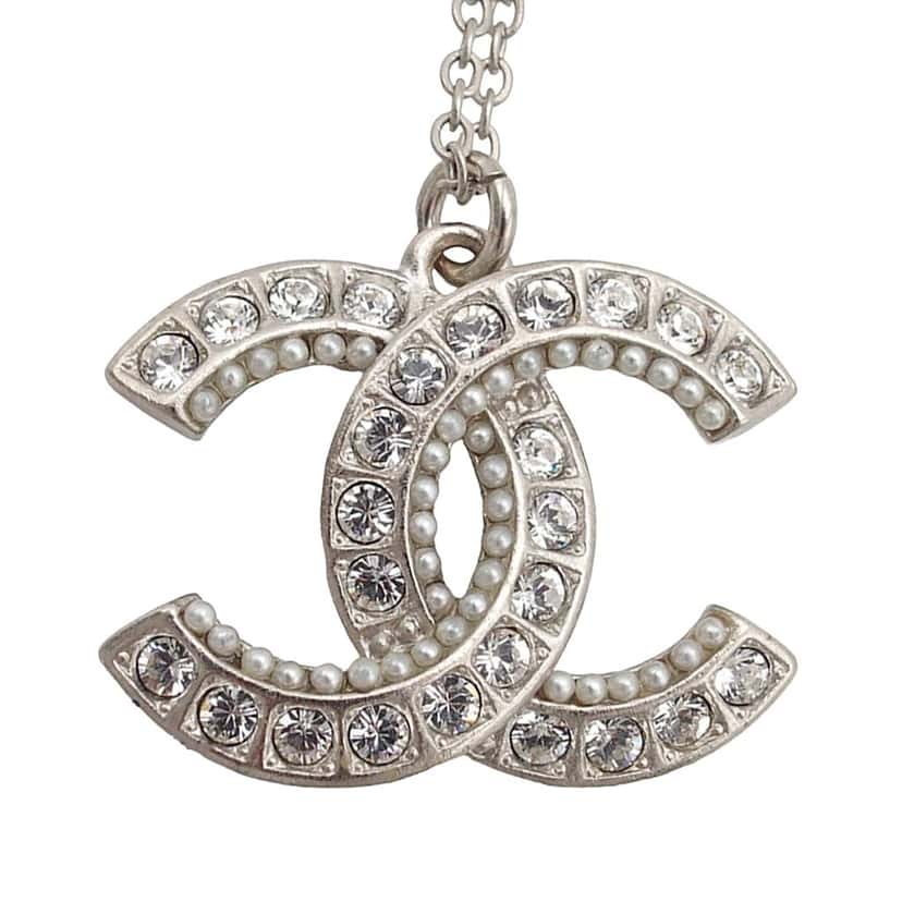 Chanel CC Brass Strass and Faux Pearl Pendant Necklace Silver Metal Very good condition - Back View