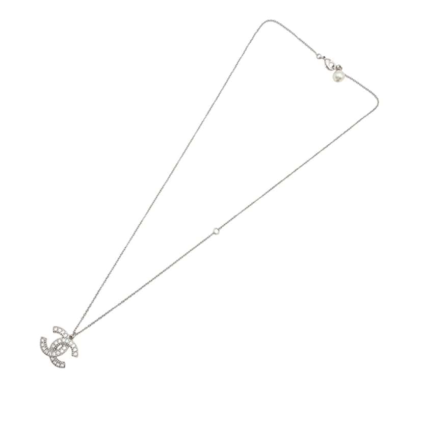 Chanel CC Brass Strass and Faux Pearl Pendant Necklace Silver Metal Very good condition - Inside View