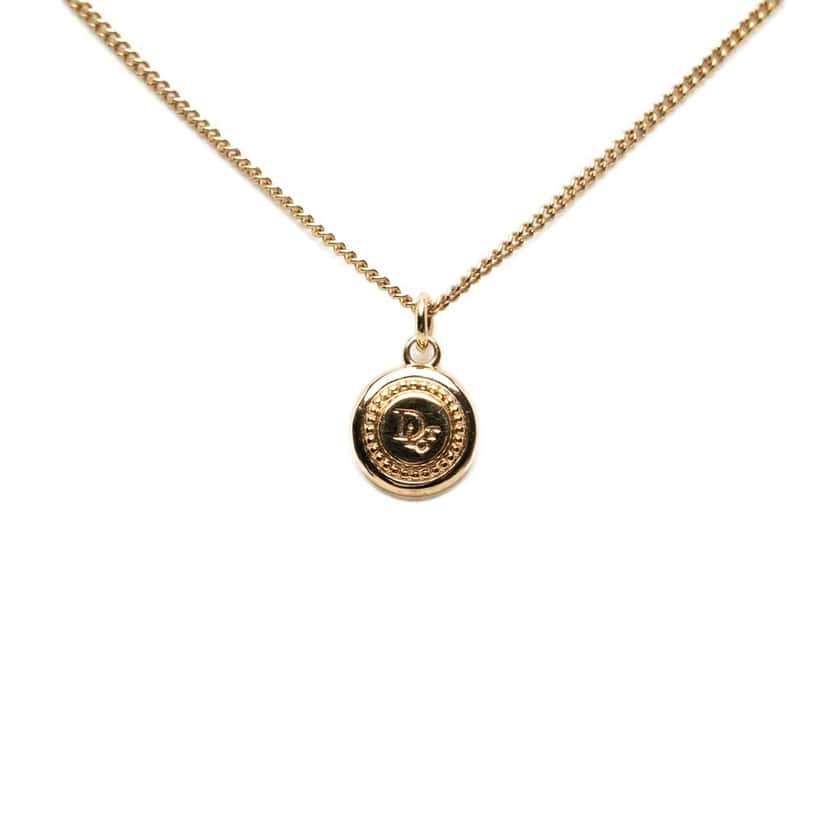 Dior Gold Plated Logo Round Pendant Necklace Gold Metal Very good condition - Front View