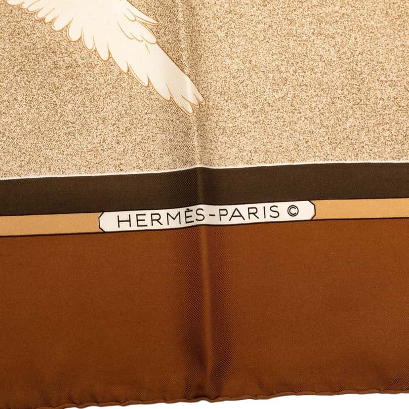 Hermès Oiseaux Migrateurs Silk Scarf Brown Very good condition - Model View