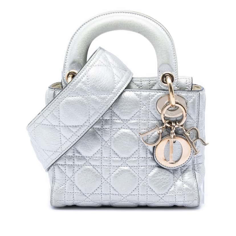 Dior Mini Metallic Calfskin Cannage Supple Lady Dior Silver Leather Very good condition - Front View