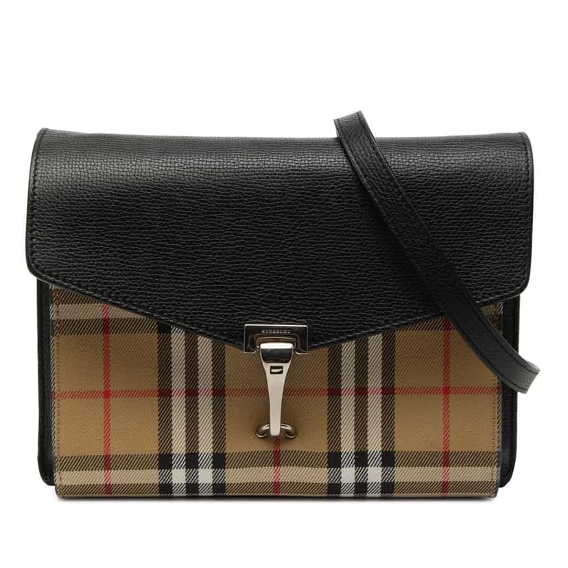 Burberry Small Leather and House Check Canvas Derby Macken Crossbody Beige Very good condition - Front View
