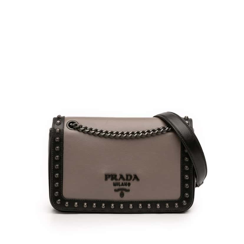 Prada Bicolor Glace Calfskin Studded Crossbody Brown Leather Very good condition - Front View