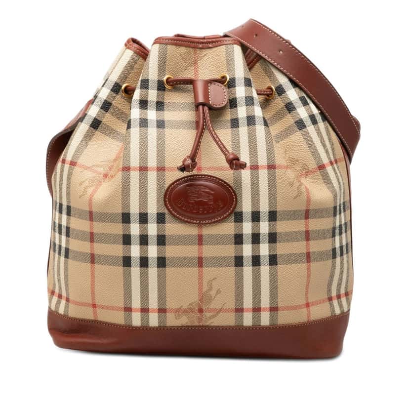 Burberry Haymarket Check Coated Canvas Drawstring Bucket Bag Beige Very good condition - Front View