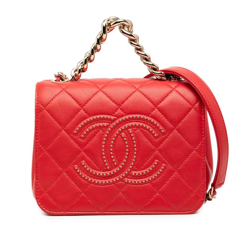 Chanel Quilted Lambskin Studded Beauty Begins Flap Red Leather Very good condition - Front View