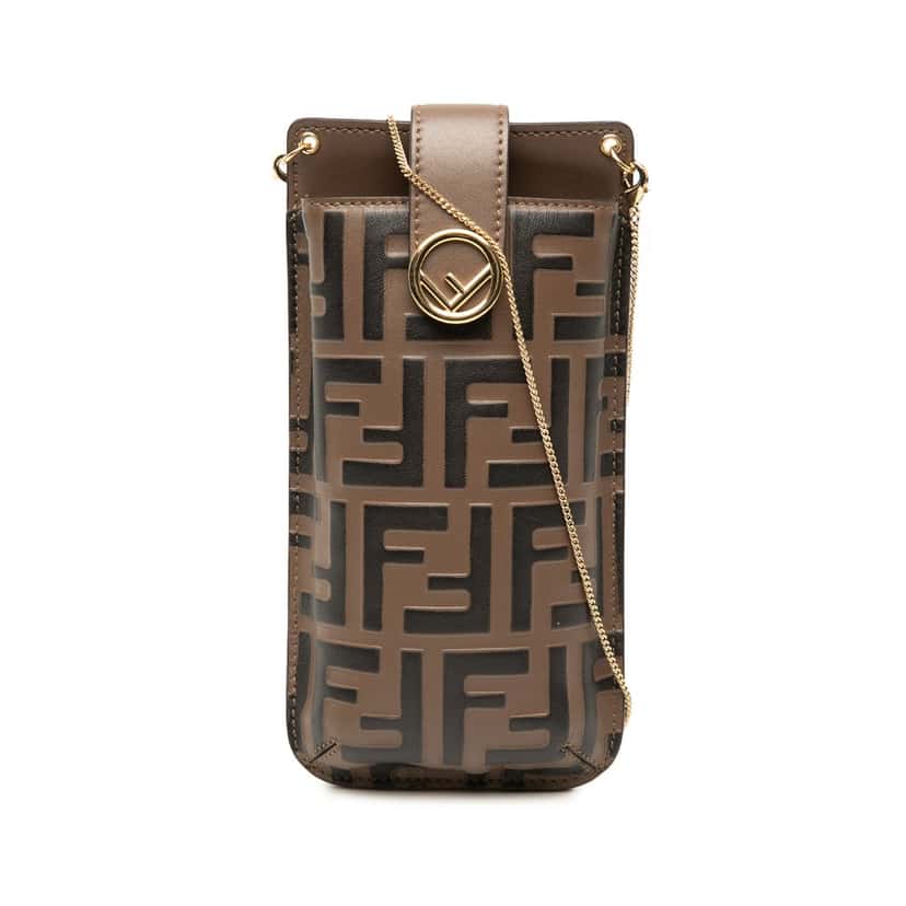 Fendi FF 1974 Embossed Leather Phone Pouch on Chain Brown Leather Very good condition - Front View