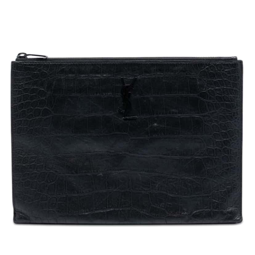 Saint Laurent Croc Embossed Leather Monogram Document Holder Black Leather Very good condition - Front View