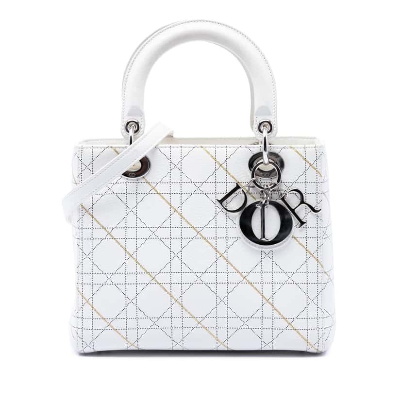 Dior Medium Calfskin Cannage Print Lady Dior White Leather Very good condition - Front View