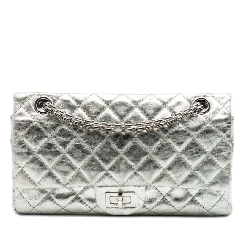 Chanel Metallic Aged Calfskin Reissue 2.55 Double Flap 225 Silver Leather Very good condition - Front View