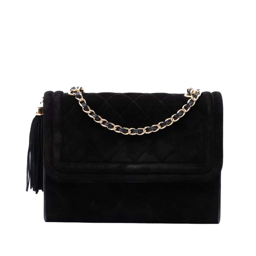 Chanel Quilted Suede Tassel Flap Black Leather Very good condition - Front View