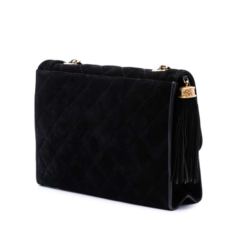 Chanel Quilted Suede Tassel Flap Black Leather Very good condition - Back View