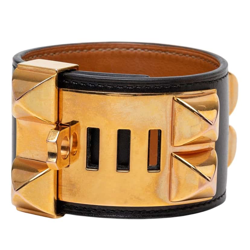 Hermès Swift and Gold Plated Collier de Chien Bracelet S Black Leather Very good condition - Front View