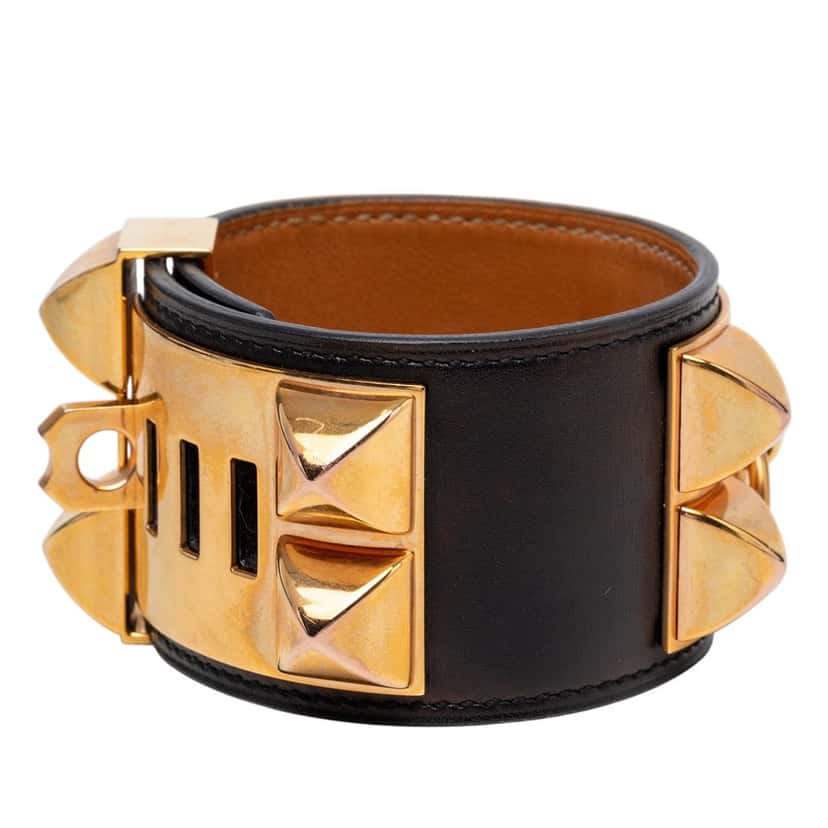 Hermès Swift and Gold Plated Collier de Chien Bracelet S Black Leather Very good condition - Back View