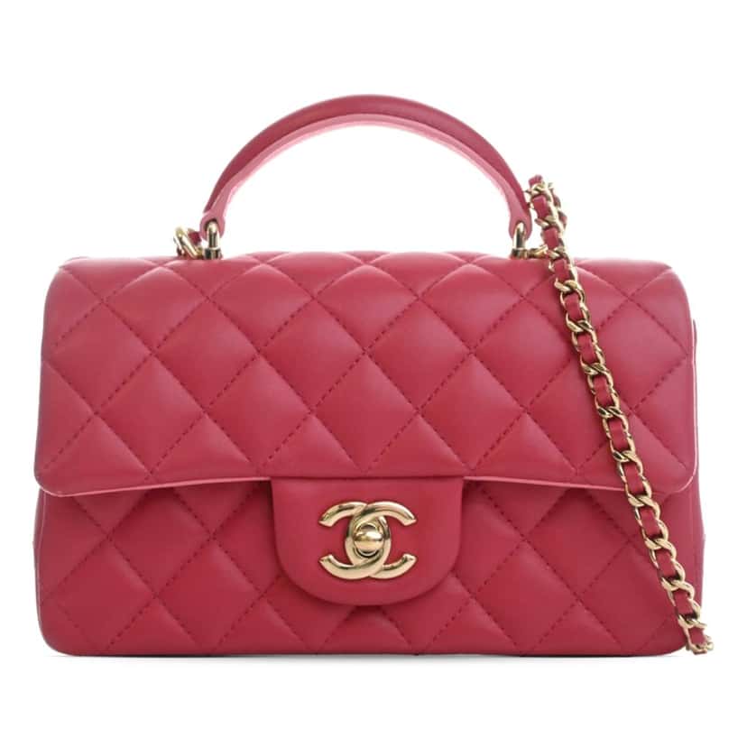 Chanel Mini Rectangular Classic Lambskin Top Handle Flap Red Leather Very good condition - Front View