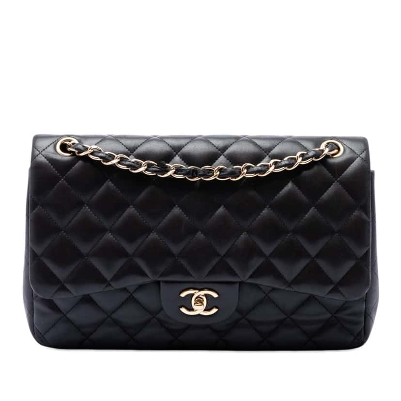 Chanel Jumbo Classic Lambskin Double Flap Black Leather Very good condition - Front View