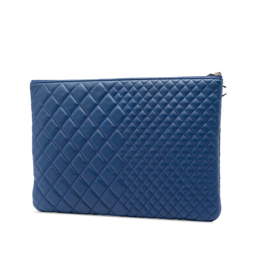 Chanel Large Bi Quilted Lambskin O Case Clutch Blue Leather Very good condition - Back View