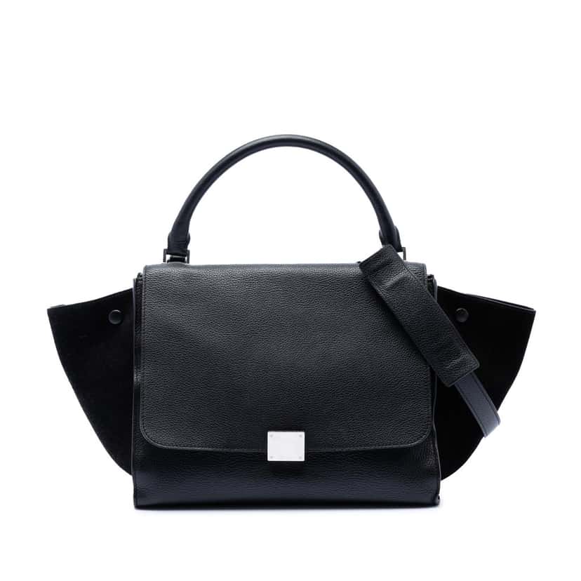 Celine Medium Drummed Calfskin and Suede Trapeze Satchel Black Leather Very good condition - Front View