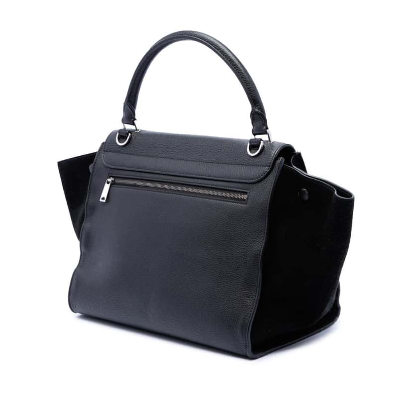 Celine Medium Drummed Calfskin and Suede Trapeze Satchel Black Leather Very good condition - Back View