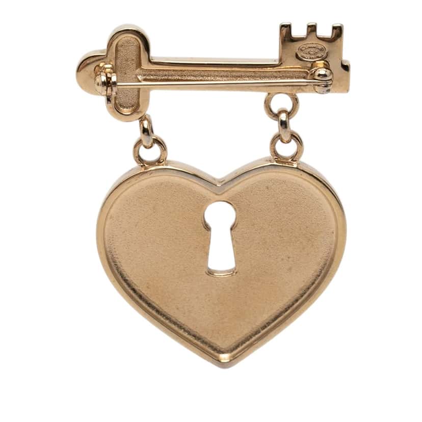 Chanel CC Gold Plated Heart Lock and Key Brooch Pin Gold Metal Very good condition - Back View