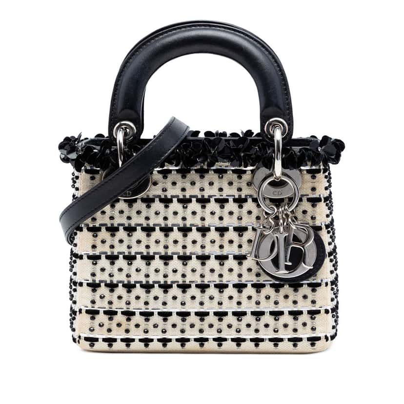 Dior Mini Canvas Bead and Sequin Embellished Lady Dior White Very good condition - Front View
