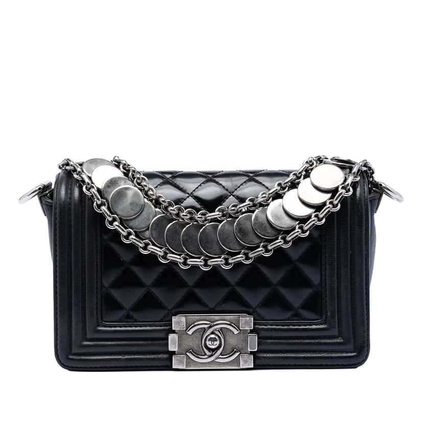 Chanel Paris Bombay Small Quilted Patent Medallion Embellished Boy Flap Black Leather Very good condition - Front View