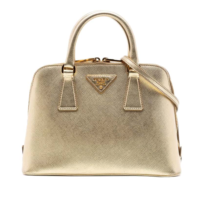 Prada Small Saffiano Lux Promenade Satchel Gold Leather Very good condition - Front View