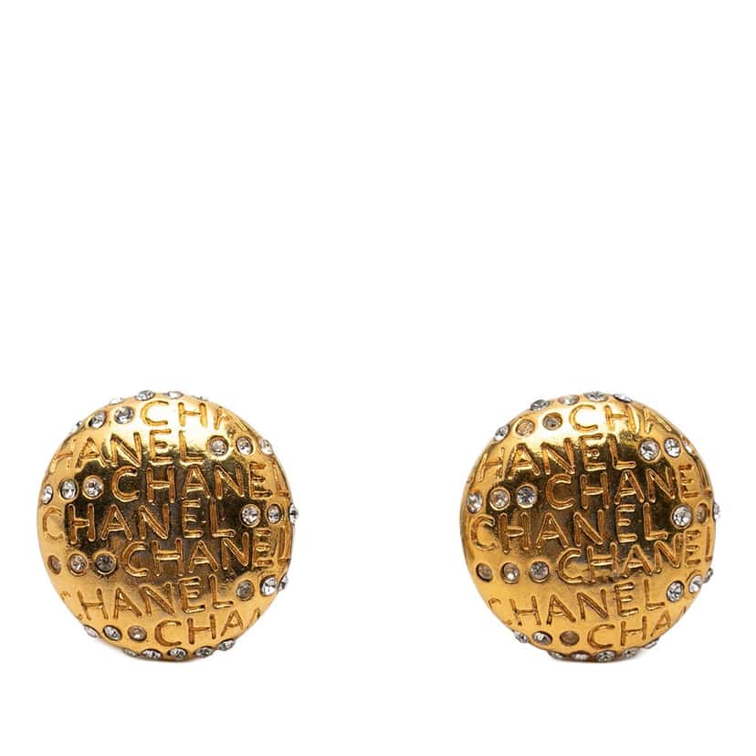 Chanel Gold Plated Strass Logo Lettering Clip On Earrings Gold Metal Very good condition - Front View
