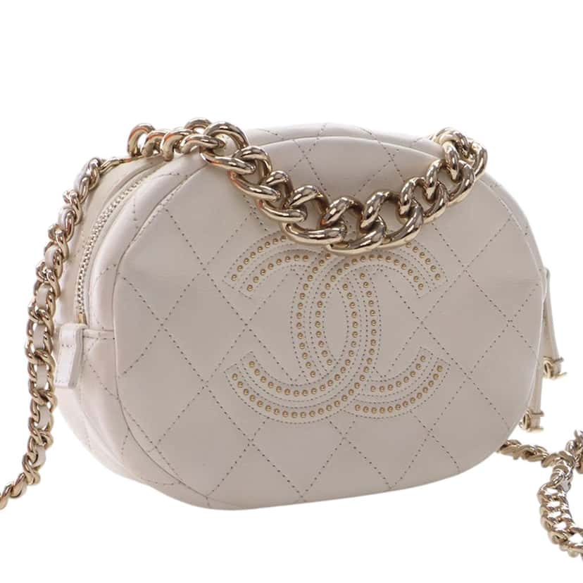 Chanel CC Quilted Studded Lambskin Round Camera Bag White Leather Very good condition - Back View
