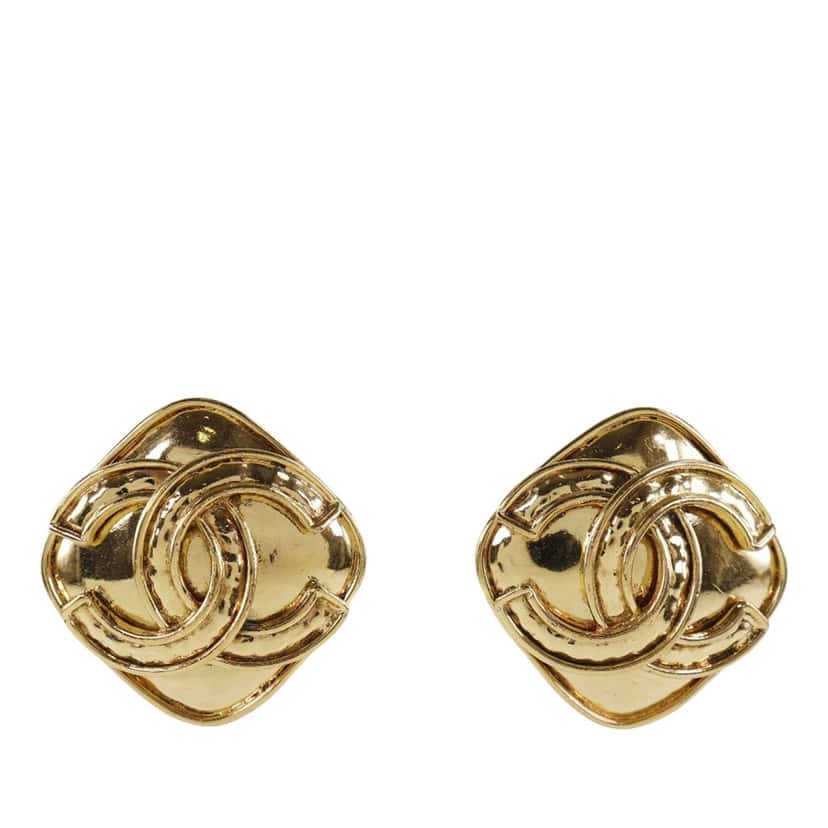 Chanel CC Gold Plated Diamond Shape Clip On Earrings Gold Metal Very good condition - Front View