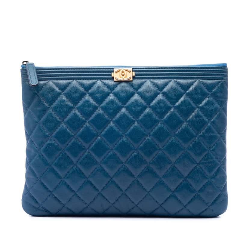 Chanel Medium Quilted Caviar Boy O Case Clutch Blue Leather Very good condition - Front View