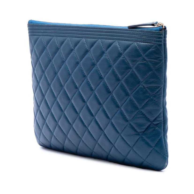 Chanel Medium Quilted Caviar Boy O Case Clutch Blue Leather Very good condition - Back View