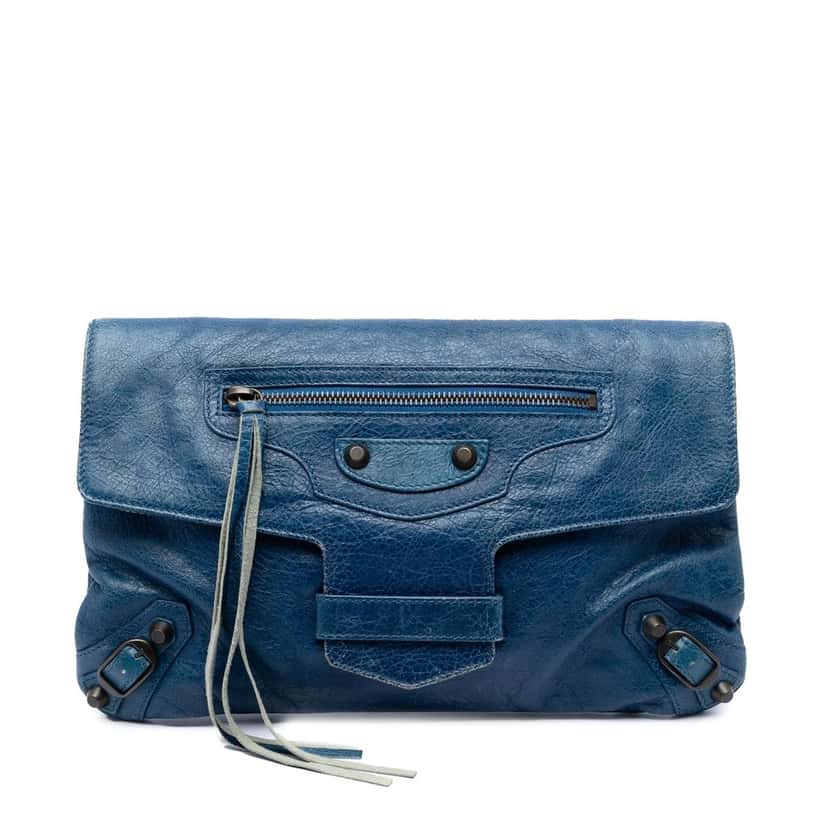 Balenciaga Lambskin Motocross Classic Envelope Clutch Blue Leather Very good condition - Front View