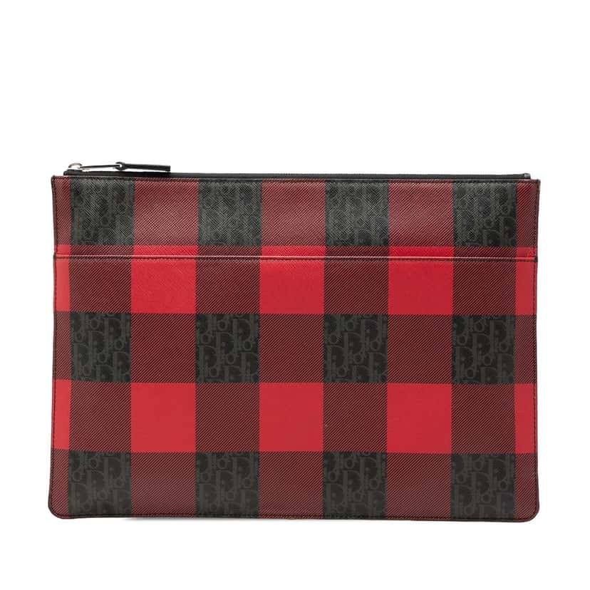 Dior Homme Plaid Printed Diorissimo Coated Canvas Zip Clutch Red Very good condition - Front View
