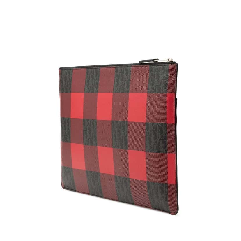 Dior Homme Plaid Printed Diorissimo Coated Canvas Zip Clutch Red Very good condition - Back View