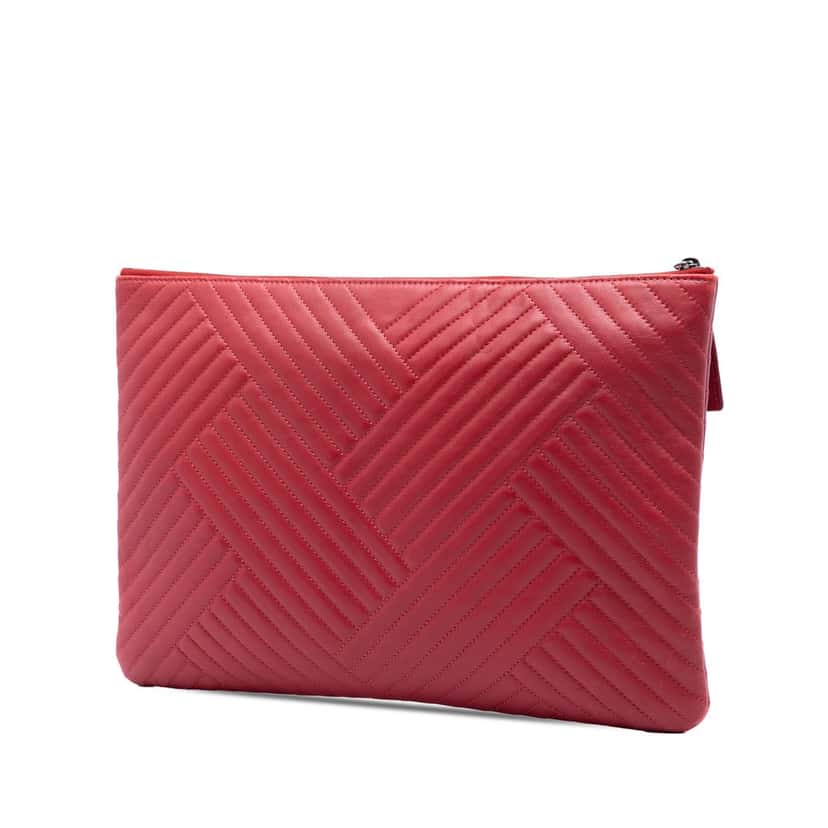 Chanel Large Diagonal Quilted Lambskin O Case Clutch Red Leather Very good condition - Back View