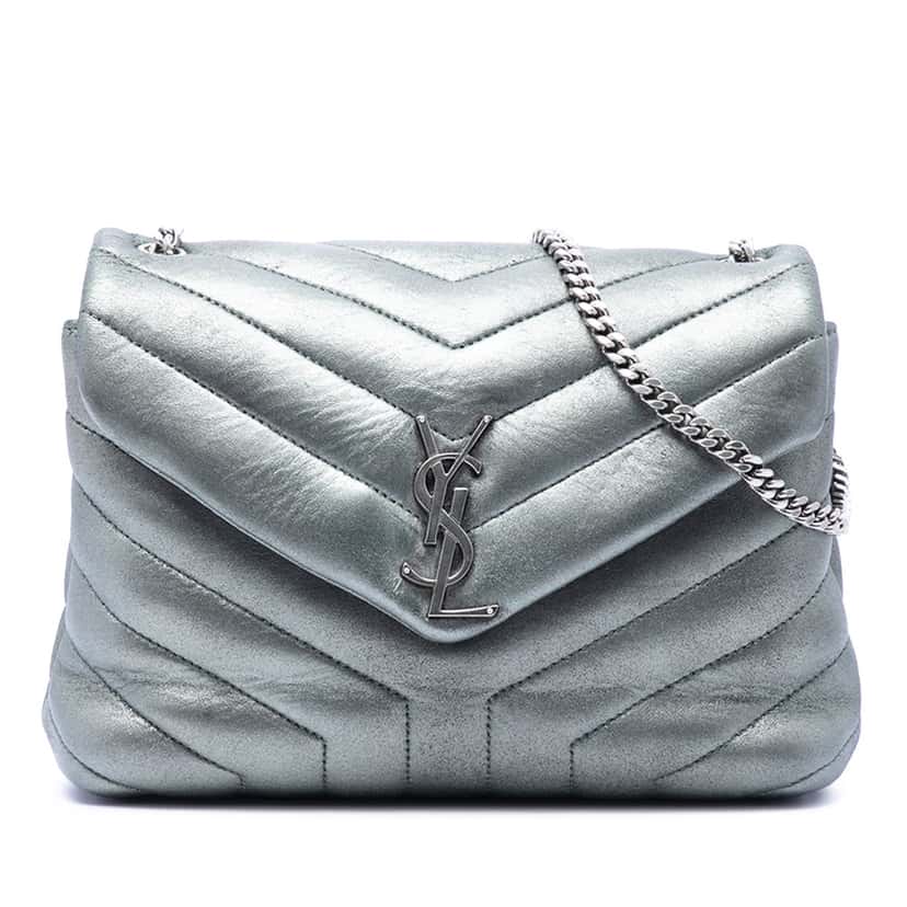 Saint Laurent Small Matelasse Metallic Calfskin Monogram LouLou Shoulder Bag Silver Leather Very good condition - Front View