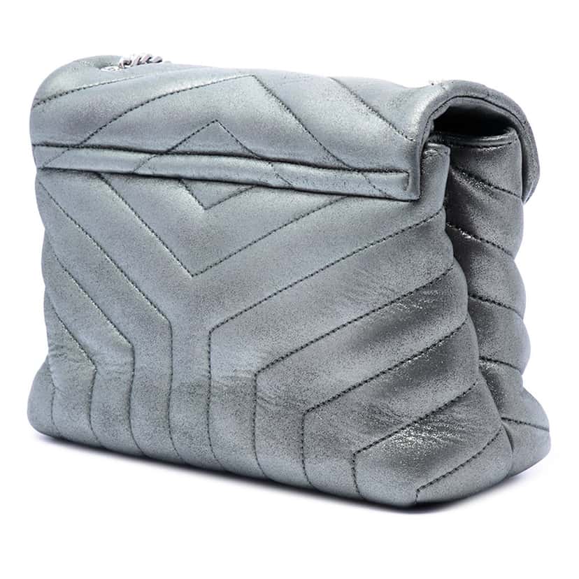 Saint Laurent Small Matelasse Metallic Calfskin Monogram LouLou Shoulder Bag Silver Leather Very good condition - Back View