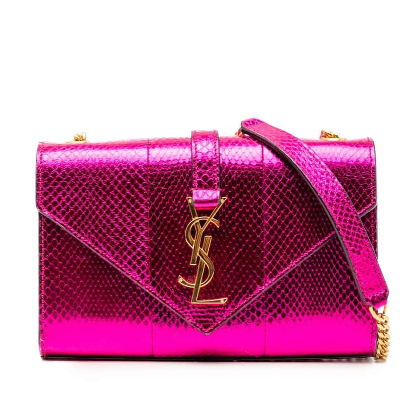 Saint Laurent Small Metallic Python Embossed Leather Monogram Envelope Bag Pink Leather Very good condition - Front View