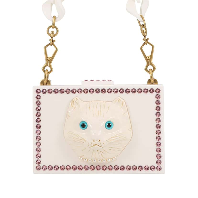 Gucci Acrylic Crystal Cat Face Box Clutch On Chain White Plastic Very good condition - Front View