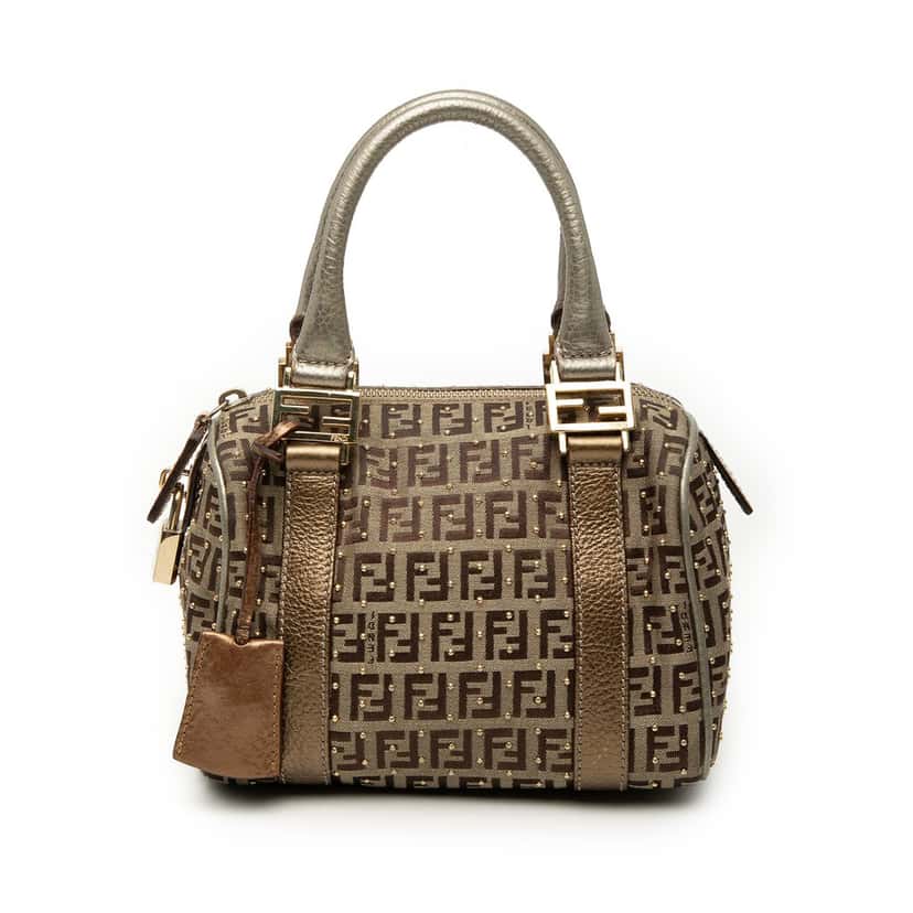 Fendi Mini Zucchino Canvas Forever Studded Bauletto Boston Bag Beige Very good condition - Front View
