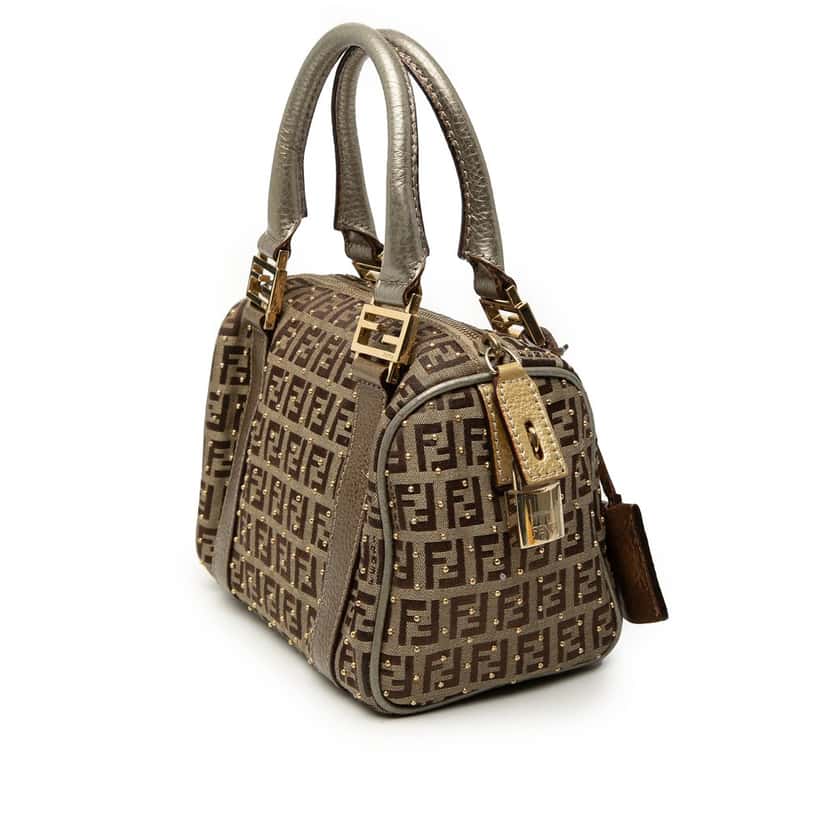 Fendi Mini Zucchino Canvas Forever Studded Bauletto Boston Bag Beige Very good condition - Back View