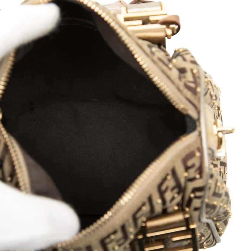 Fendi Mini Zucchino Canvas Forever Studded Bauletto Boston Bag Beige Very good condition - Model View