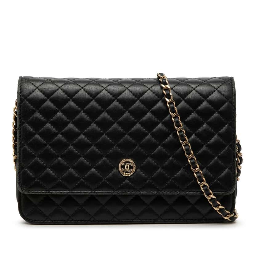Chanel Quilted Lambskin Crest Wallet On Chain Black Leather Very good condition - Front View