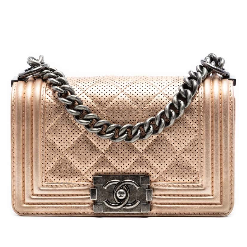 Chanel Small Quilted Perforated Metallic Lambskin Boy Flap Pink Leather Very good condition - Front View