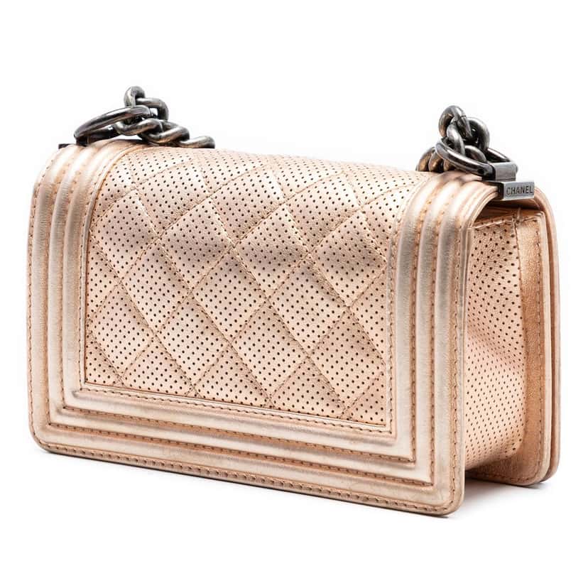 Chanel Small Quilted Perforated Metallic Lambskin Boy Flap Pink Leather Very good condition - Back View